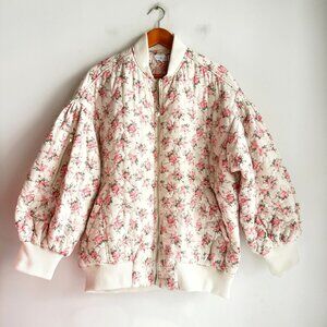 Mable Quilted Pink Rose Microfloral Balloon Sleeve Bomber Jacket L